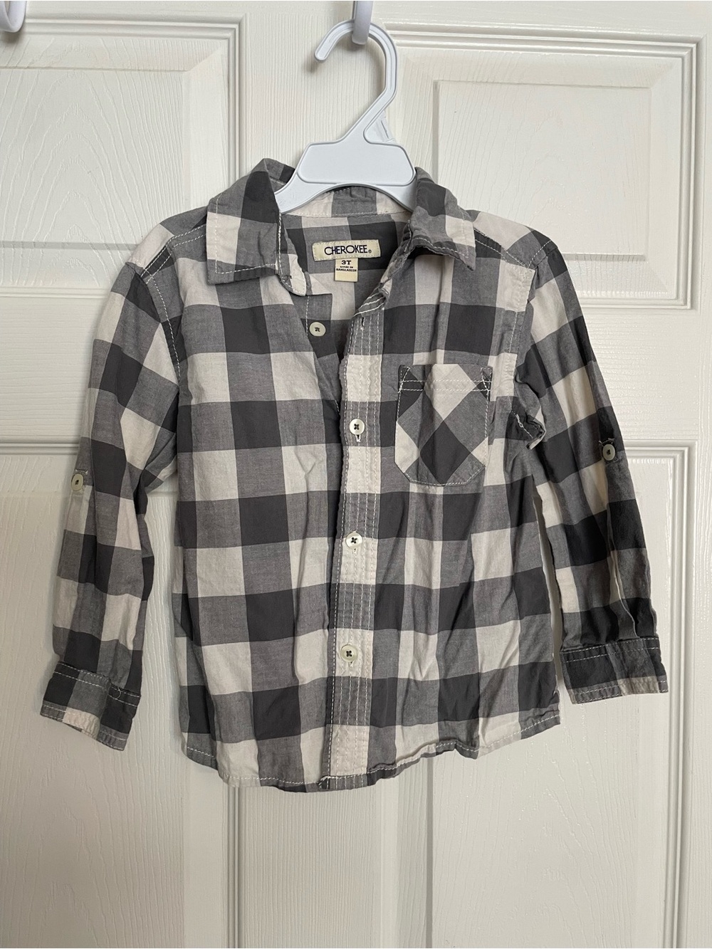 Cherokee 100% Cotton 3T Grey & White Plaid Button-Down Shirt - Kids